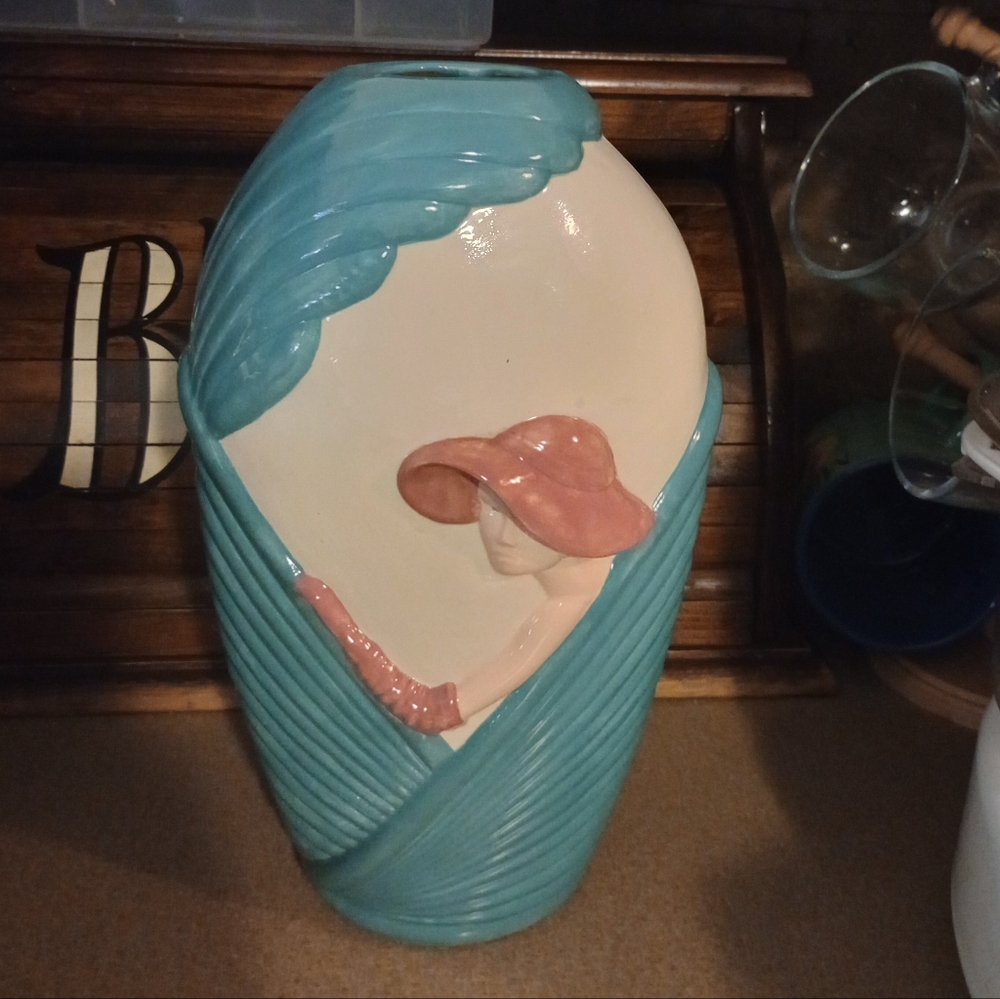 Vintage Handmade Art Deco Vase With Woman In Pink Hat